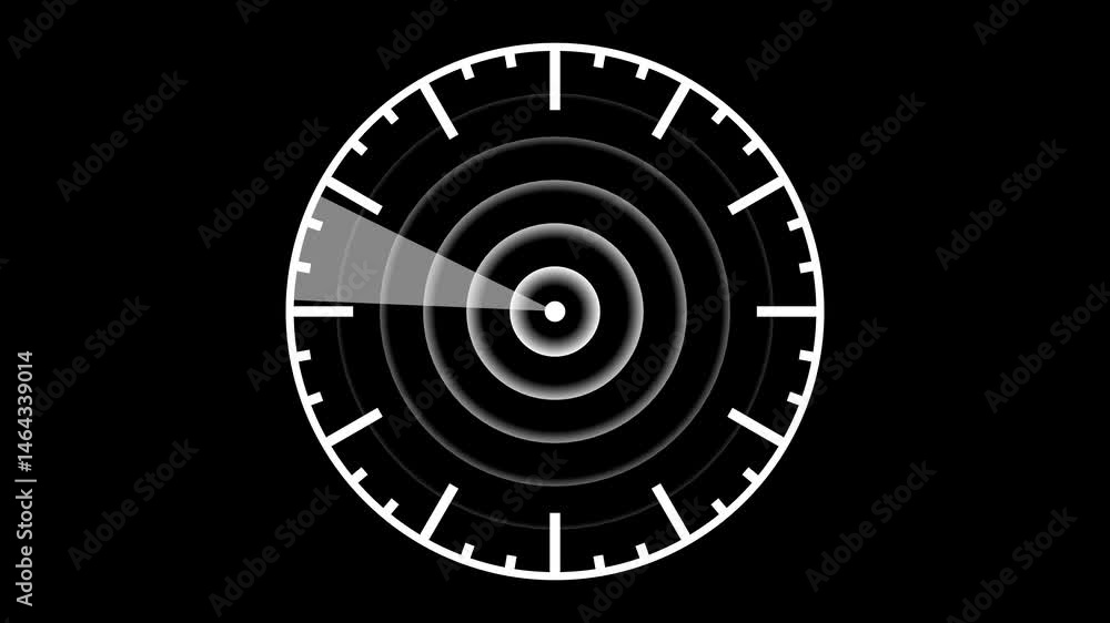 Radar screen animation on black background. Signal transmitted sonar radar.Radar point to detect enemy position.