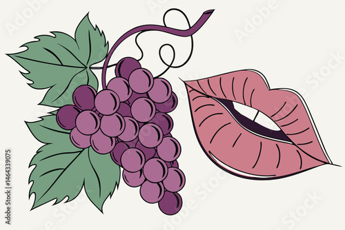 60 Surreal composite image, plump lips, bunch of purple grapes, green grape leaves, juicy fruit, sensual, photorealistic, high detail, vibrant colors, glossy lips, smooth skin texture, contrast, symbo