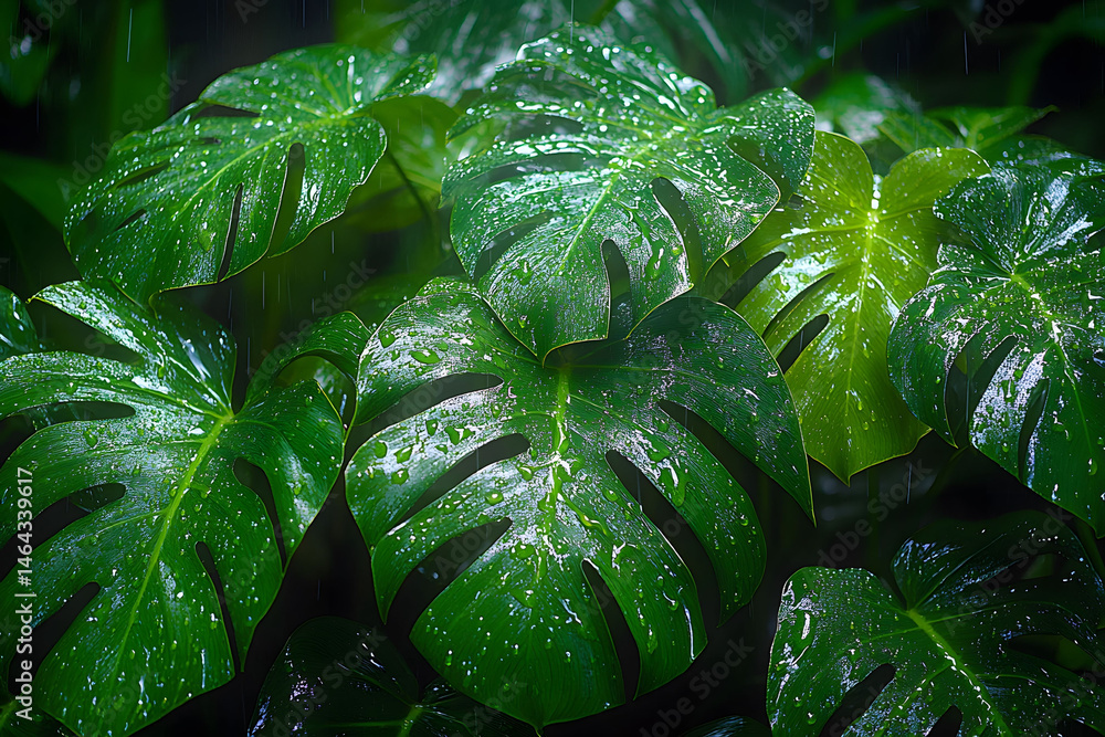 Lush Tropical Monstera Leaves in Rain - Nature s Serenity and Greenery Concept