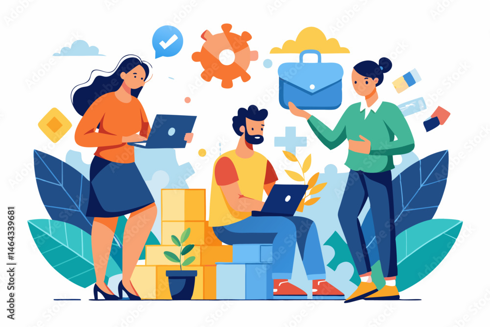 Obraz premium Business teamwork concept illustration featuring a diverse group of professionals discussing strategy in front of a colorful puzzle board with infographic elements like graphs, pie charts, and gears. 