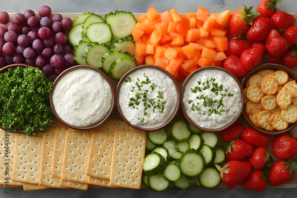 Vibrant Fruit and Vegetable Platter with Dips Perfect for Parties and Healthy Snacking