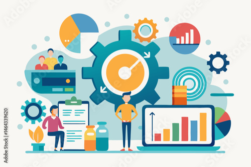 Business teamwork concept illustration featuring a diverse group of professionals discussing strategy in front of a colorful puzzle board with infographic elements like graphs, pie charts, and gears. 