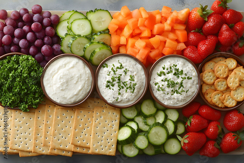 Obraz na płótnie Vibrant Fruit and Vegetable Platter with Dips Perfect for Parties and Healthy Snacking w salonie