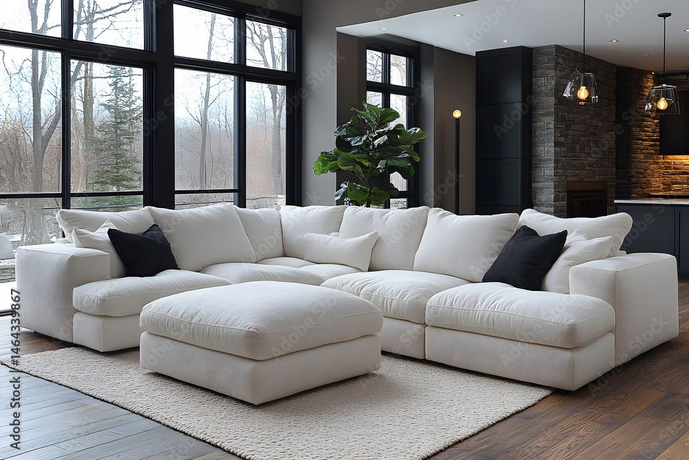 Modern Living Room with Spacious White Sectional Sofa and Large Windows