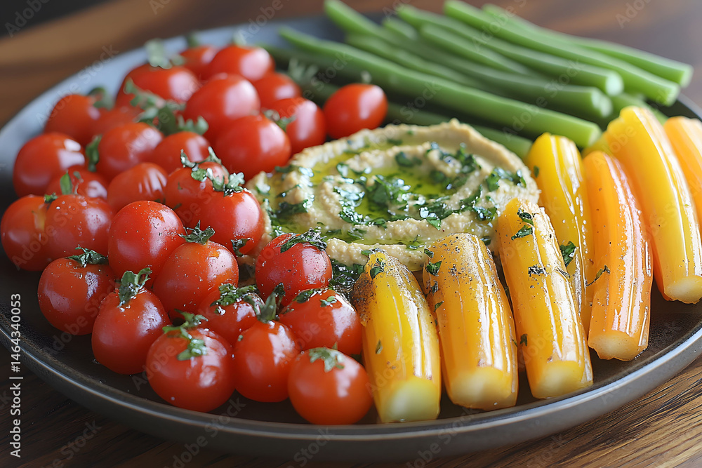 Healthy Summer Snack Platter with Hummus, Cherry Tomatoes, Carrots, and Green Beans