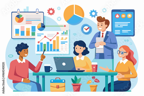 Business teamwork concept illustration featuring a diverse group of professionals discussing strategy in front of a colorful puzzle board with infographic elements like graphs, pie charts, and gears. 