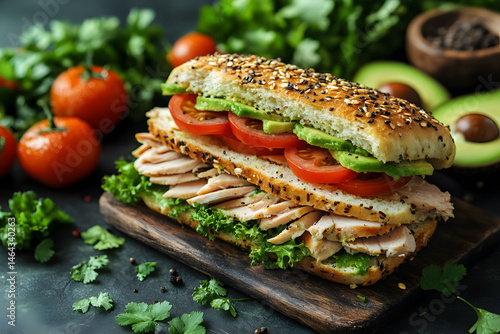 Obraz na płótnie Delicious Chicken Sandwich with Avocado and Fresh Vegetables on Seeded Bread w salonie