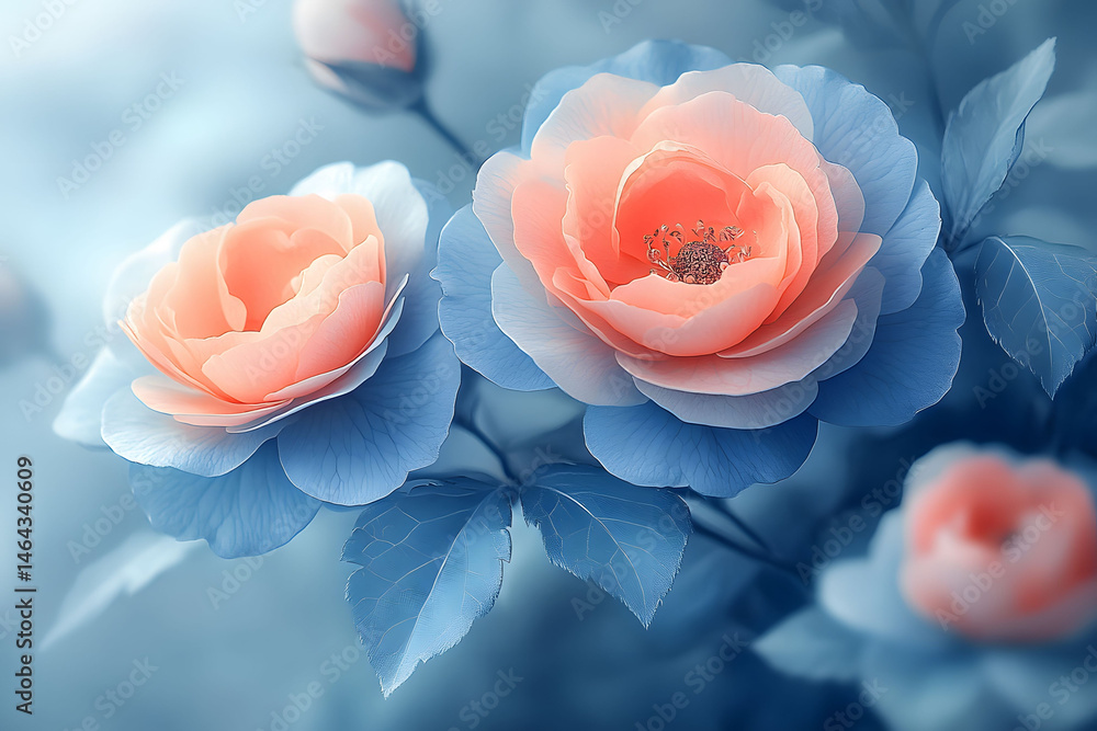 Elegant Coral and Blue Roses in Soft Focus - Nature Aesthetic for Wall Art or Floral Design