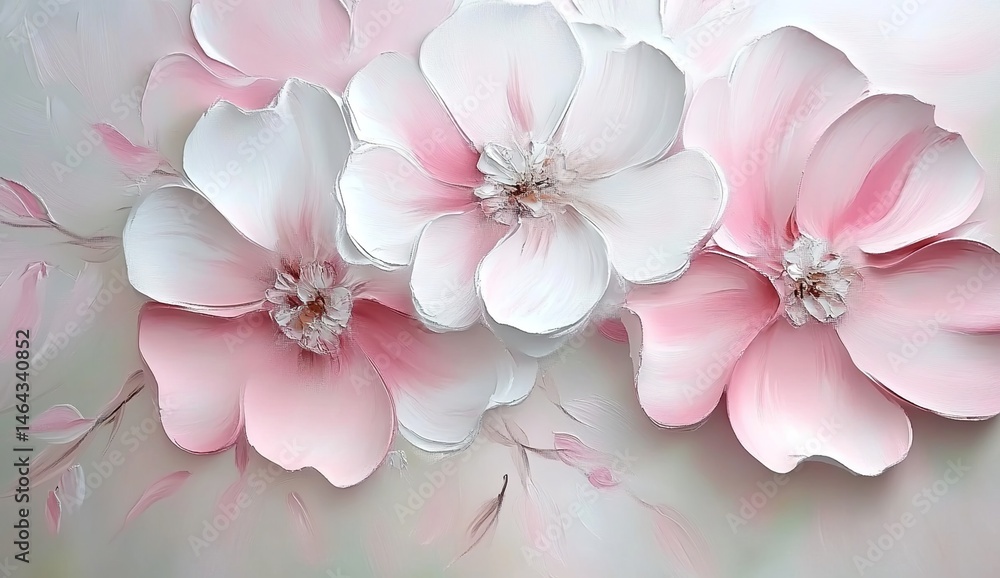 Impasto oil painting of soft pink and white flowers with green foliage. Impasto oil painting of soft pink and white flowers with green foliage.