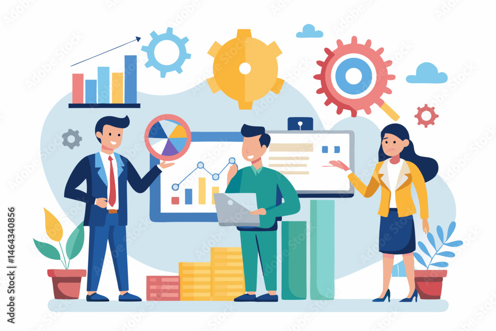 Business teamwork concept illustration featuring a diverse group of professionals discussing strategy in front of a colorful puzzle board with infographic elements like graphs, pie charts, and gears. Business teamwork concept illustration featuring a diverse group of professionals discussing strategy in front of a colorful puzzle board with infographic elements like graphs, pie charts, and gears.