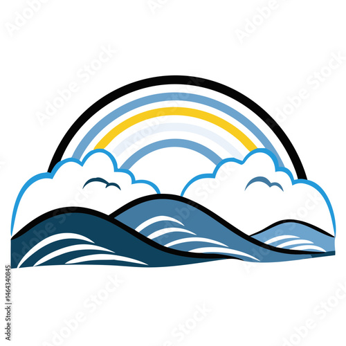 Colorful ocean waves with rainbow and clouds, representing nature's beauty and serenity