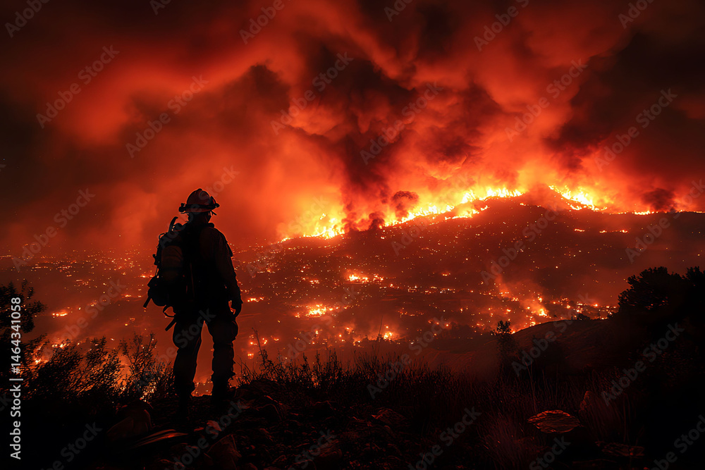 Firefighter Overlooks Intense Wildfire Scene in Mountainous Terrain