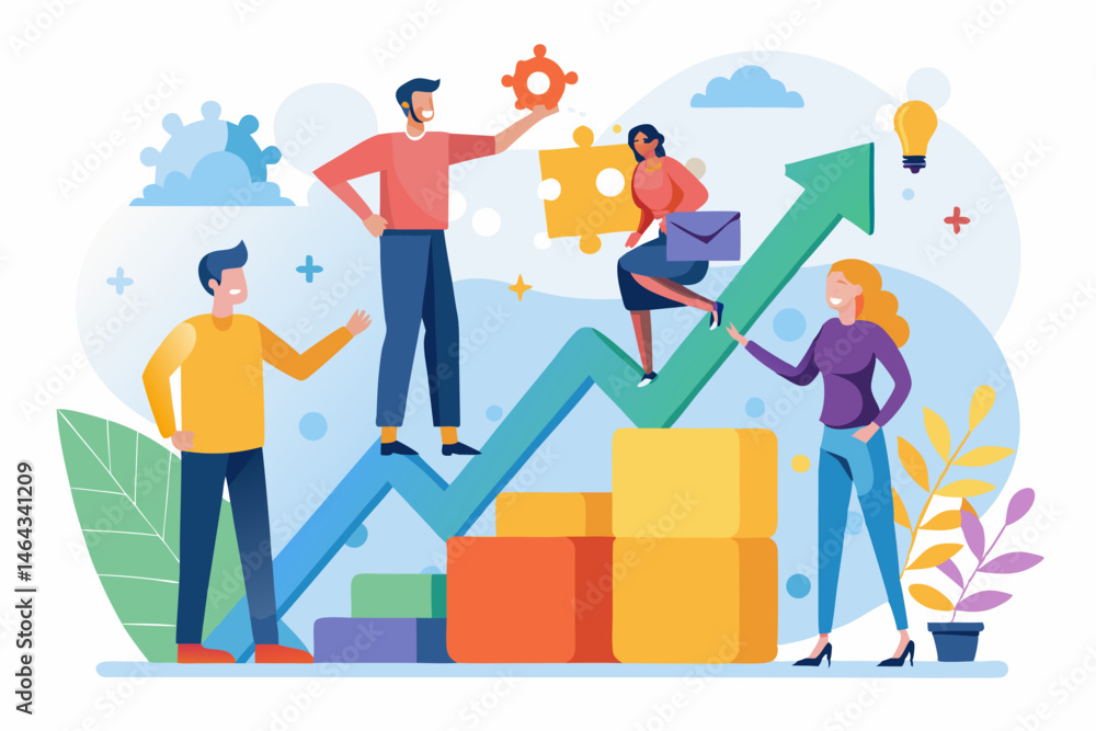 Business teamwork concept illustration featuring a diverse group of professionals discussing strategy in front of a colorful puzzle board with infographic elements like graphs, pie charts, and gears. Business teamwork concept illustration featuring a diverse group of professionals discussing strategy in front of a colorful puzzle board with infographic elements like graphs, pie charts, and gears.