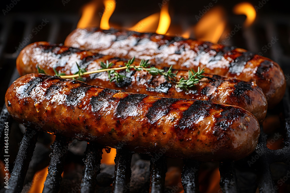 Grilled Sausages with Thyme on Barbecue for Summer BBQ Celebration