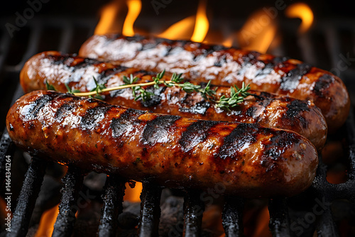 Obraz na płótnie Grilled Sausages with Thyme on Barbecue for Summer BBQ Celebration w salonie