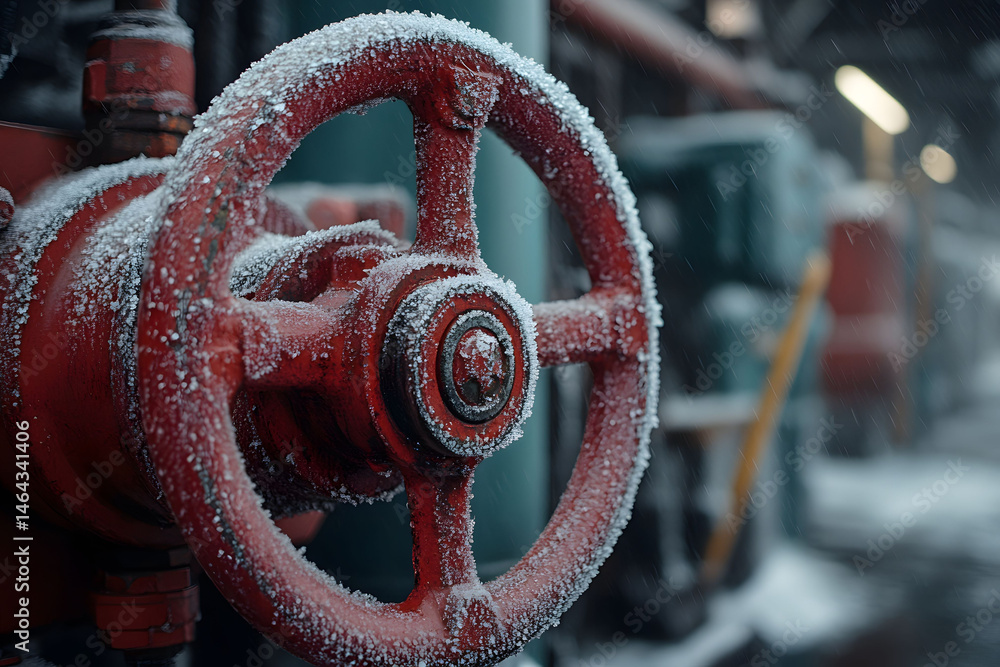 Frost-Covered Industrial Valve in Winter Setting for Mechanical Design