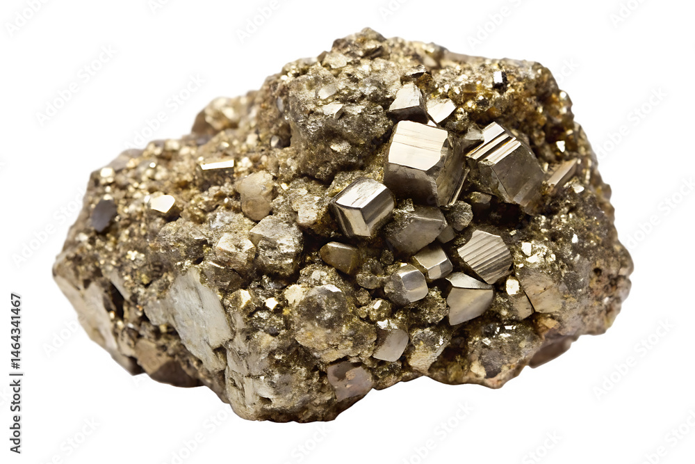 Shiny golden pyrite crystals formed on a natural rock with a metallic luster Shiny golden pyrite crystals formed on a natural rock with a metallic luster