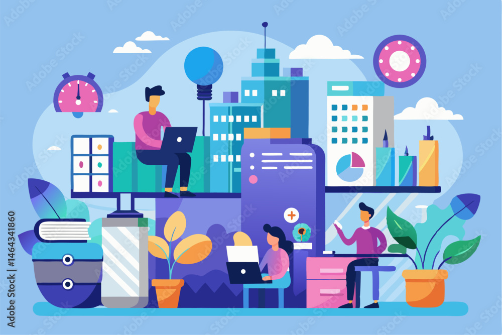 Business teamwork concept illustration featuring a diverse group of professionals discussing strategy in front of a colorful puzzle board with infographic elements like graphs, pie charts, and gears. Business teamwork concept illustration featuring a diverse group of professionals discussing strategy in front of a colorful puzzle board with infographic elements like graphs, pie charts, and gears.