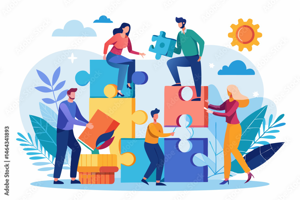Business teamwork concept illustration featuring a diverse group of professionals discussing strategy in front of a colorful puzzle board with infographic elements like graphs, pie charts, and gears. Business teamwork concept illustration featuring a diverse group of professionals discussing strategy in front of a colorful puzzle board with infographic elements like graphs, pie charts, and gears.