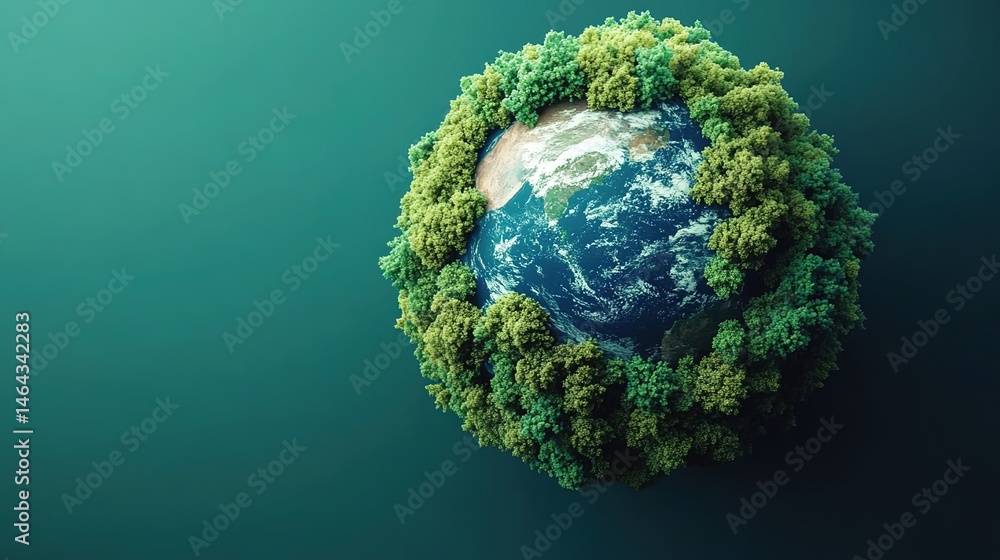 Fototapeta premium Small Earth globe fully covered by lush green vegetation on teal background.