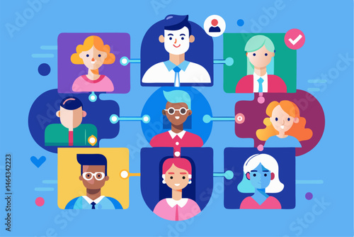 Business teamwork concept illustration featuring a diverse group of professionals discussing strategy in front of a colorful puzzle board with infographic elements like graphs, pie charts, and gears. 