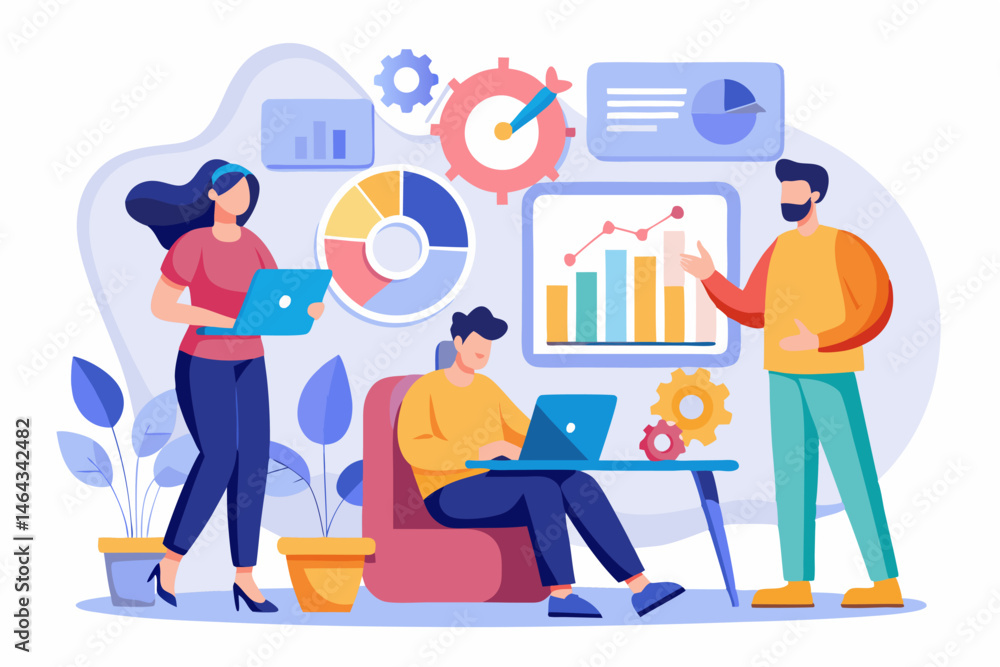 Business teamwork concept illustration featuring a diverse group of professionals discussing strategy in front of a colorful puzzle board with infographic elements like graphs, pie charts, and gears. Business teamwork concept illustration featuring a diverse group of professionals discussing strategy in front of a colorful puzzle board with infographic elements like graphs, pie charts, and gears.