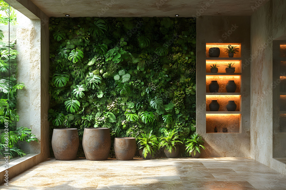 Lush Indoor Green Wall with Rustic Decor in Natural Light