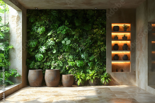 Obraz na płótnie Lush Indoor Green Wall with Rustic Decor in Natural Light w salonie