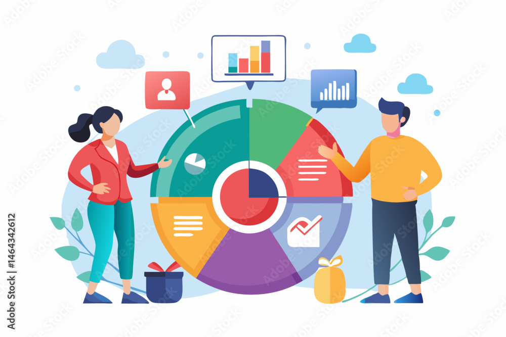 Business teamwork concept illustration featuring a diverse group of professionals discussing strategy in front of a colorful puzzle board with infographic elements like graphs, pie charts, and gears. Business teamwork concept illustration featuring a diverse group of professionals discussing strategy in front of a colorful puzzle board with infographic elements like graphs, pie charts, and gears.