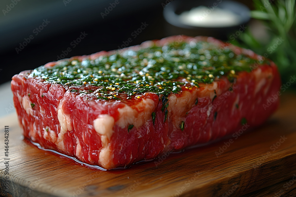 Fresh Raw Beef Roast with Herb Marinade on Wooden Cutting Board - Culinary Preparation