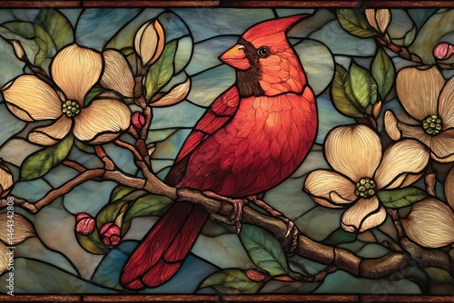 Intricate stained glass panel showcasing a cardinal amongst magnolia blossoms.