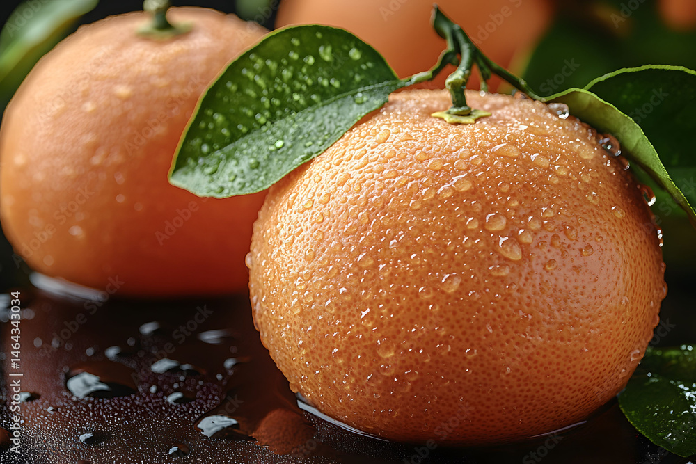 Fresh Juicy Oranges with Dewy Leaves for Healthy Eating Concept