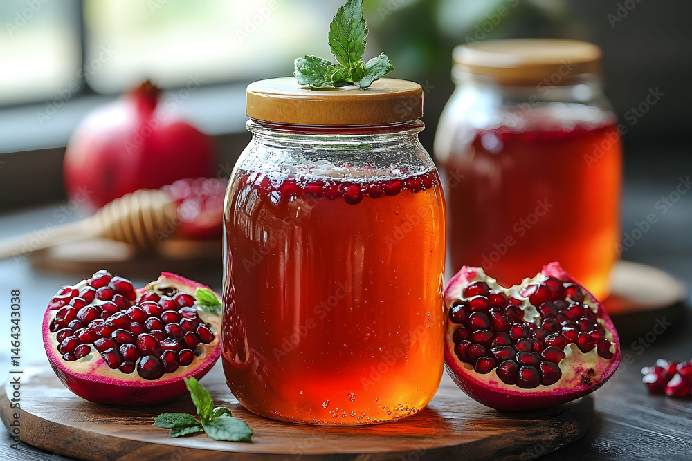 Pomegranate Honey Jar with Fresh Pomegranate and Mint on Rustic Wooden Table