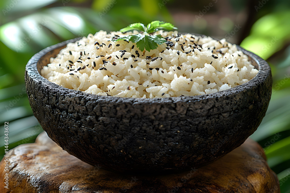 Gourmet Rice with Black Sesame Seeds in Rustic Bowl - Culinary Art for Kitchen Decor