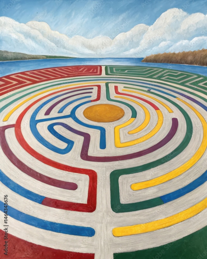 A vibrant labyrinth painted on a canvas with colors representing different emotions tied to various choices creating a sense of dynamism and turmoil.