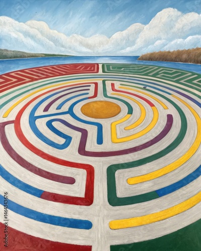 Obraz na płótnie A vibrant labyrinth painted on a canvas with colors representing different emotions tied to various choices creating a sense of dynamism and turmoil. w salonie