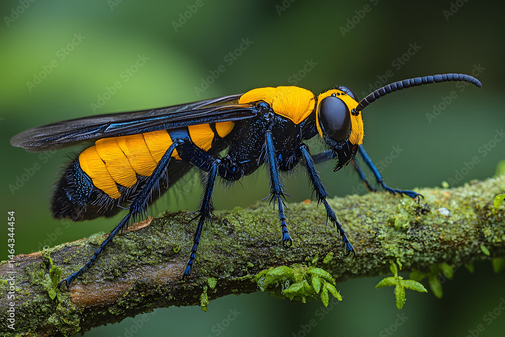 Vibrant Yellow and Black Wasp on Mossy Branch - Nature Macro Photography