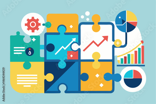 Business teamwork concept illustration featuring a diverse group of professionals discussing strategy in front of a colorful puzzle board with infographic elements like graphs, pie charts, and gears. 