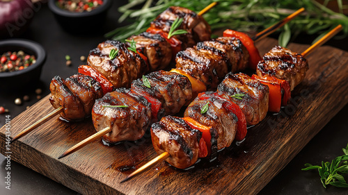 Top view of gourmet meat skewers on wooden tray arranged for authentic restaurant menu style