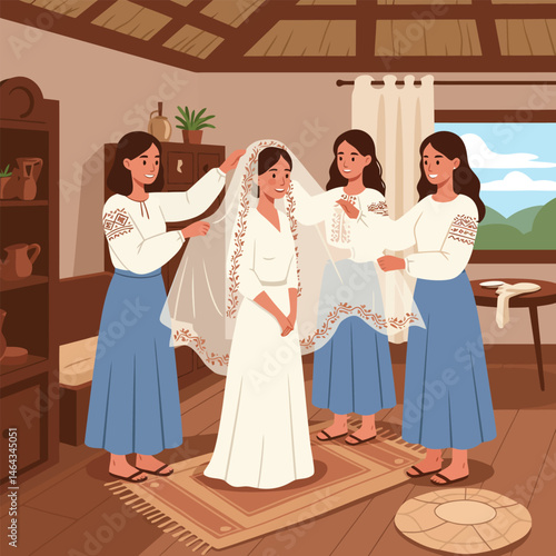 Bride Preparing for Wedding with Friends Helping with Veil Indoors