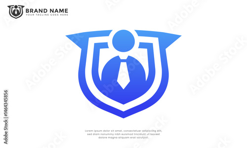 Secure Business Person Logo. Modern logo featuring a stylized person with a tie enclosed within a strong shield. Represents security, trust, and professionalism for businesses services.