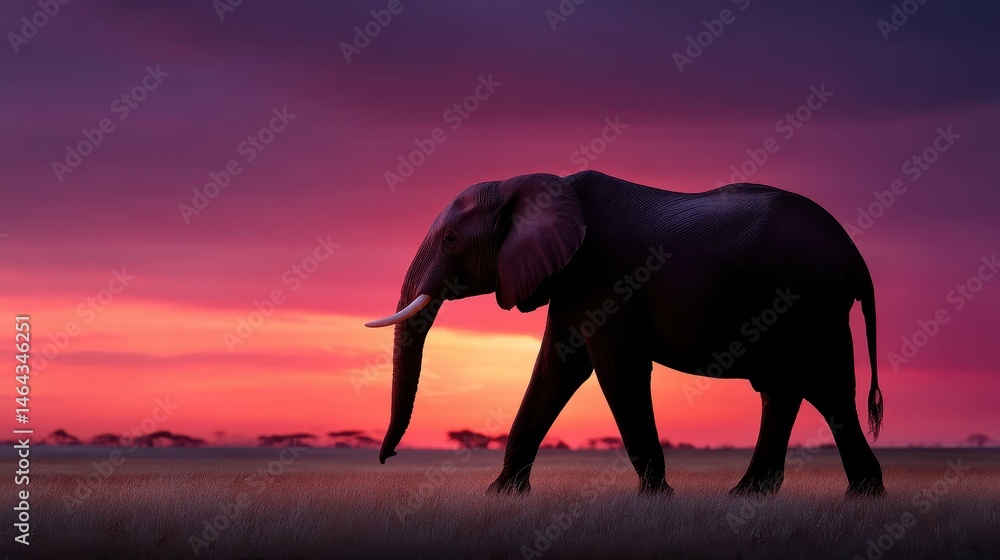Fototapeta premium Bull elephant silhouetted against sunset sky, profile framed in long lens perspective with rich color tones, 300mm --ar 16:9 --profile pzjkiwy --v 7 Job ID: 6bc6c65d-02ec-4a03-9cfc-59c29fbe6151
