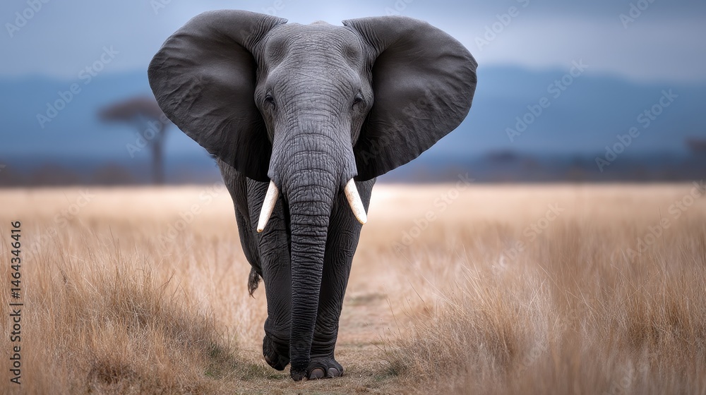 Obraz premium Bull elephant walking toward camera, ears spread wide, captured from a distance with strong focus and blurred savannah