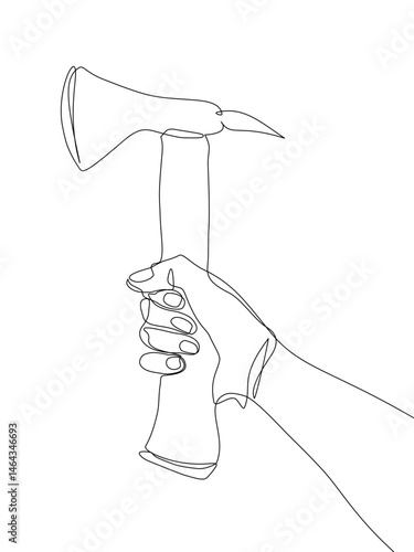 Continuous one line drawing of a hand holding an axe, symbolizing strength and craftsmanship. Ideal for woodworking, construction, and outdoor themes. Vector illustration, Editable stroke