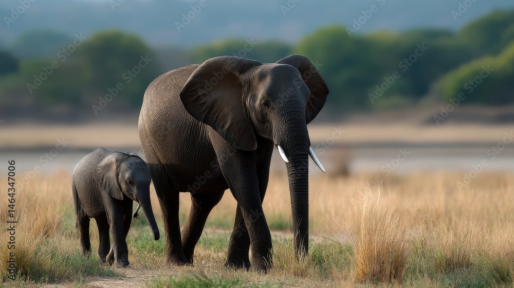 Obraz premium Elephant calf walking beside mother, distant telephoto shot with compressed background and soft sunlight
