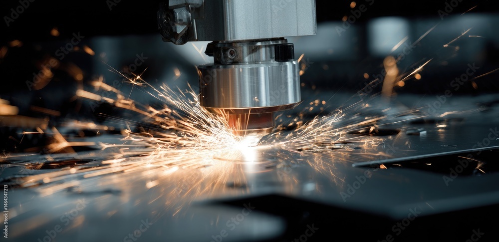 Laser machine, laser-cut stainless steel plate with sparks flying from the tip of its body focus on metal sparks Laser machine, laser-cut stainless steel plate with sparks flying from the tip of its body focus on metal sparks