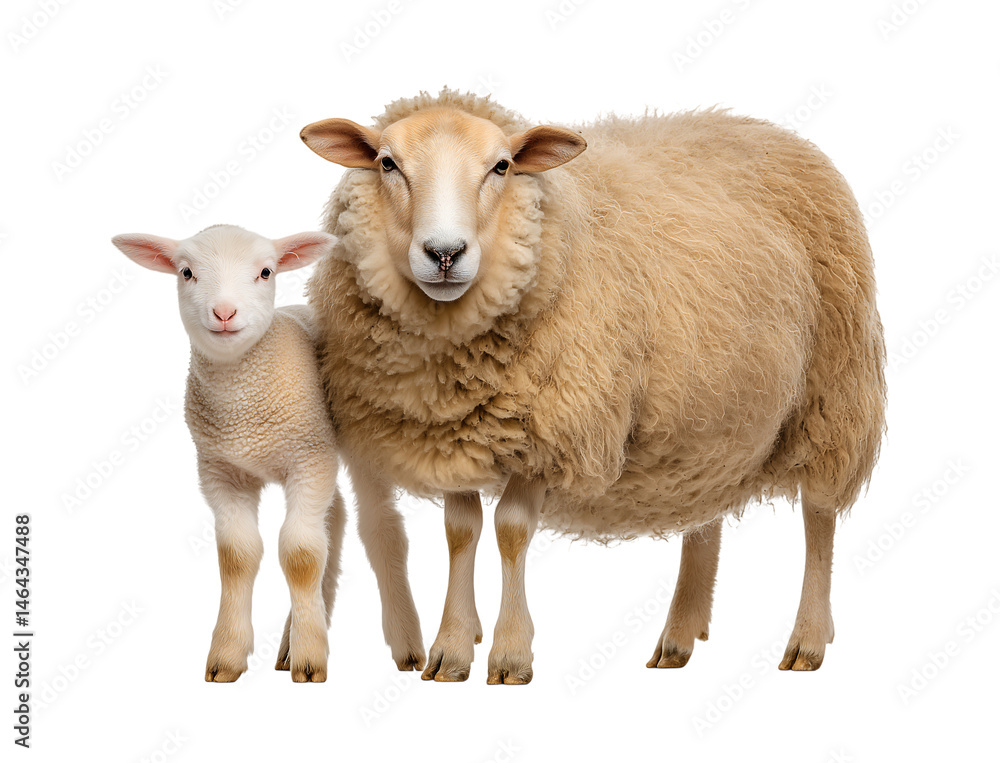 Fototapeta premium A sheep standing next to its lamb, isolated on a transparent background