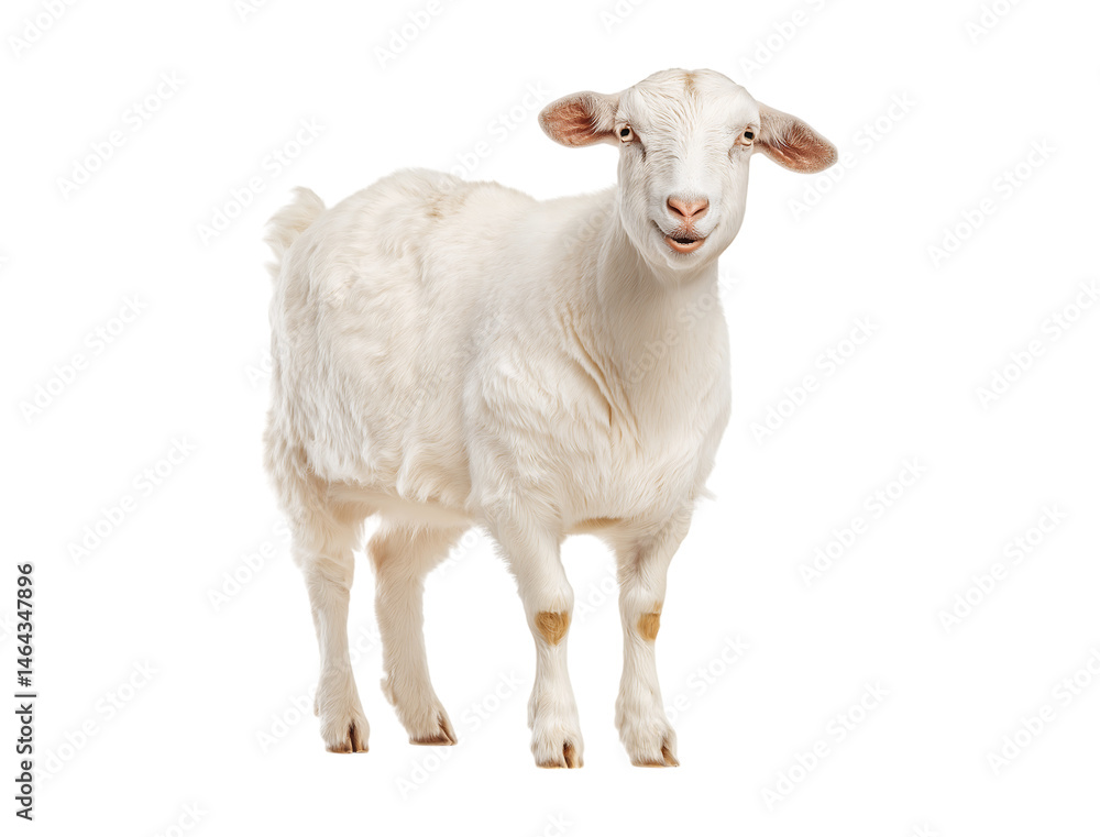 Obraz premium A white goat standing in profile, looking at the camera and smiling, isolated against a transparent background