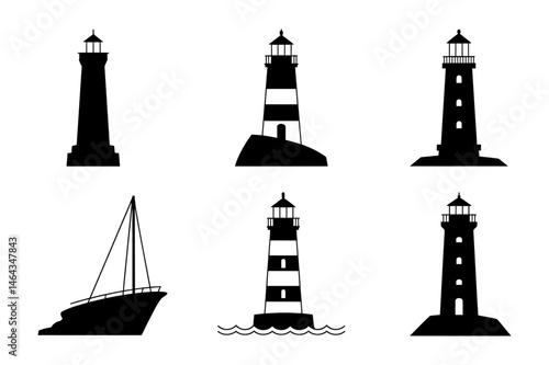 Lighthouse and sailboat silhouettes vector graphic