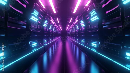 Dark sci-fi corridor illuminated by vibrant pink and blue lights, featuring a sleek, high-tech design perfect for space travel or futuristic interiors.

